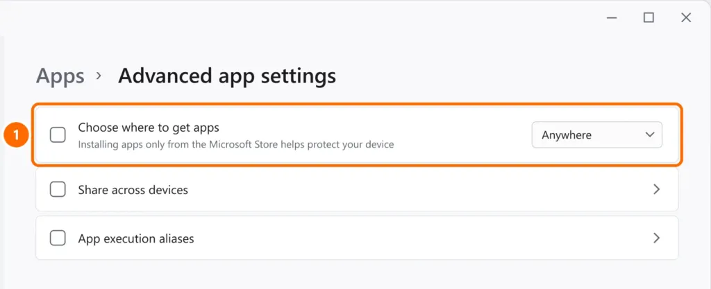 Advanced app settings with Choose where to get apps set to Anywhere highlighted