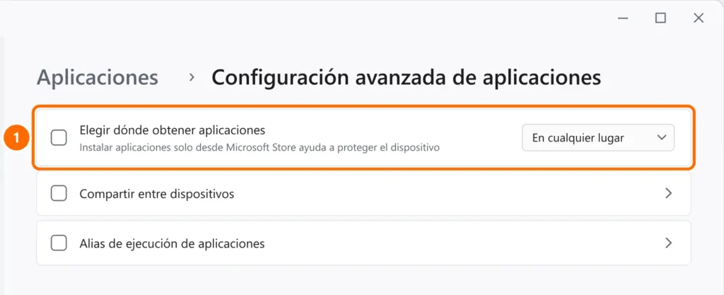 Configuración avanzada de aplicaciones con Elegir dónde obtener aplicaciones en En cualquier lugar destacado
