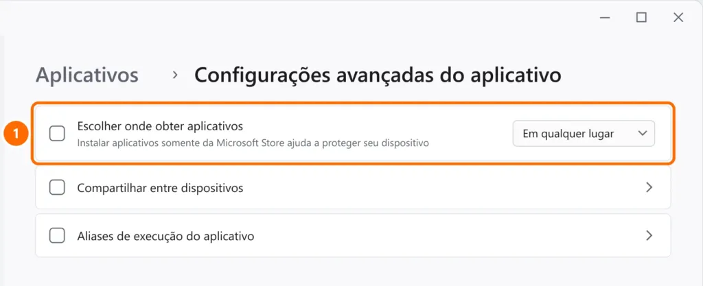 Configurações avançadas do aplicativo com Escolher onde obter aplicativos definido como Em qualquer lugar destacado