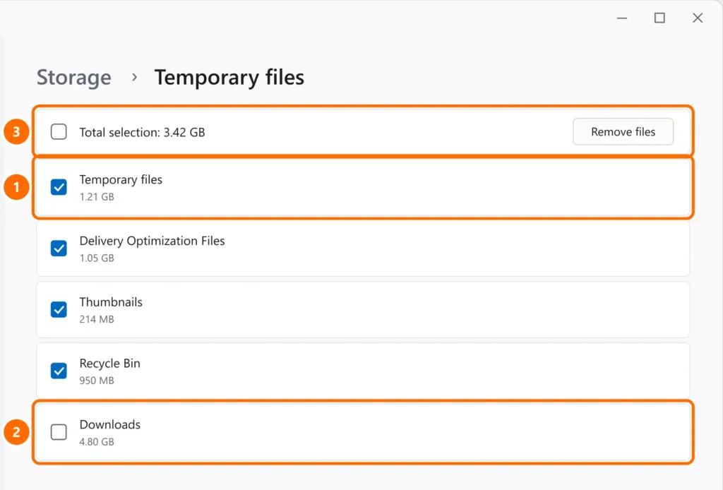 Temporary files settings with the safe items checked, the Downloads folder unchecked and the Remove files button highlighted