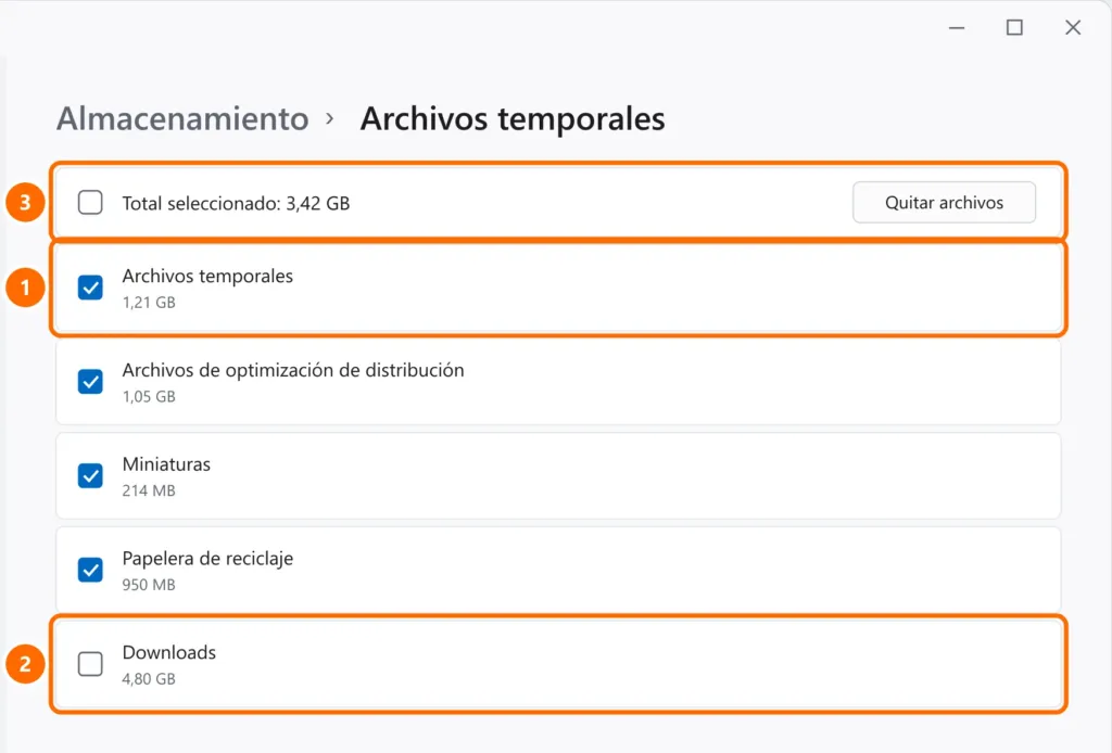 Configuración de Archivos temporales con los elementos seguros marcados, la carpeta Descargas desmarcada y el botón Quitar archivos destacados
