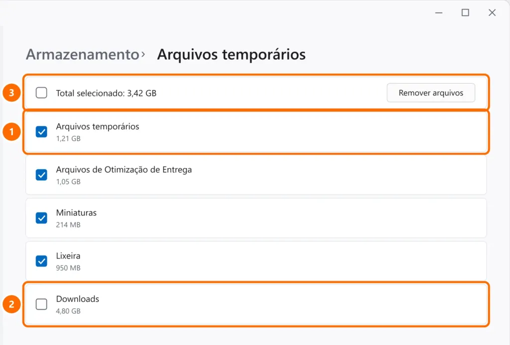 Configurações de Arquivos temporários com os itens seguros marcados, a pasta Downloads desmarcada e o botão Remover arquivos destacados