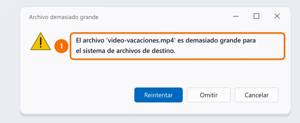 Aviso de Windows: el archivo es demasiado grande para el sistema de archivos de destino