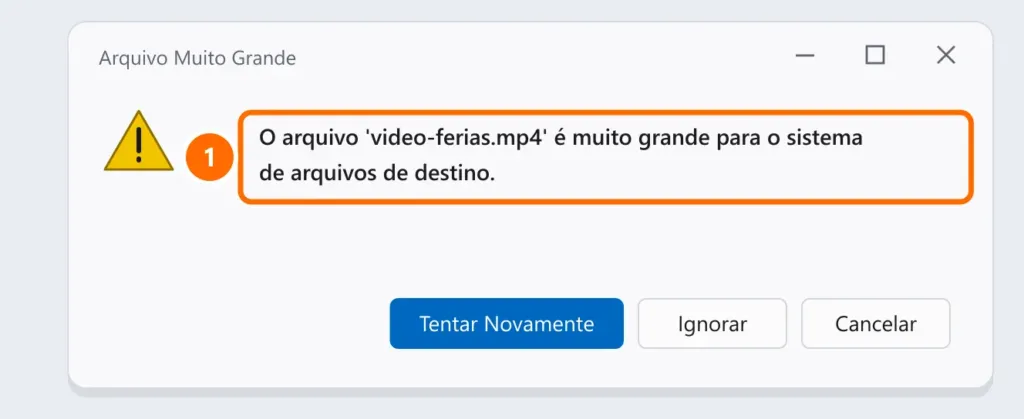 Aviso do Windows: o arquivo é muito grande para o sistema de arquivos de destino
