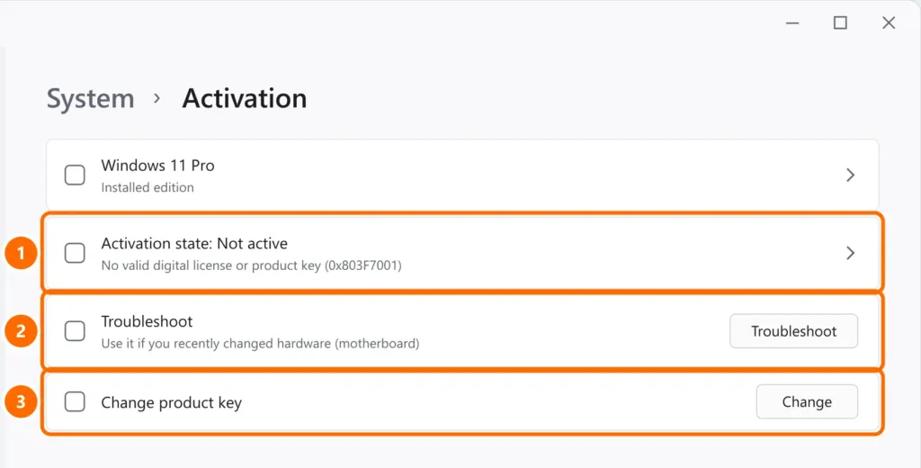 Activation settings showing Not active with error 0x803F7001, and the Troubleshoot and Change buttons highlighted