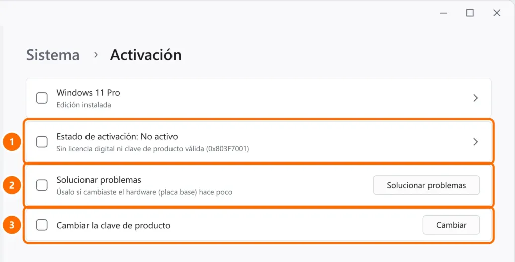 Configuración de Activación con el estado No activo y el error 0x803F7001, y los botones Solucionar problemas y Cambiar destacados