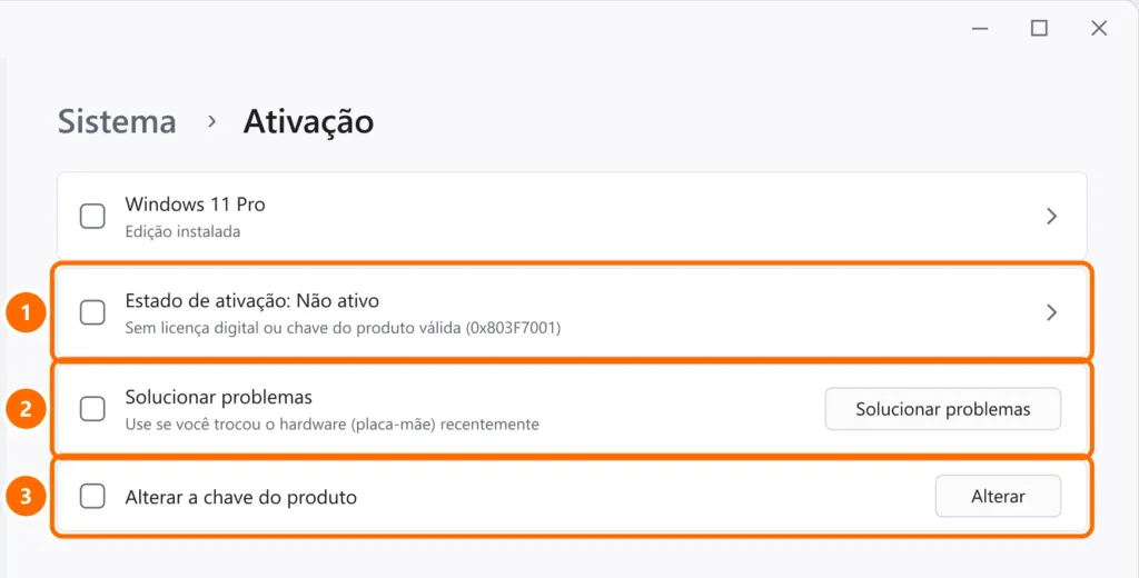 Configurações de Ativação com o estado Não ativo e o erro 0x803F7001, e os botões Solucionar problemas e Alterar destacados