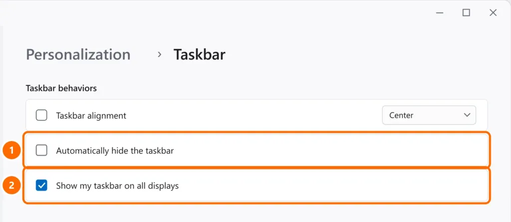 Taskbar behaviors with Automatically hide the taskbar unchecked and Show my taskbar on all displays checked
