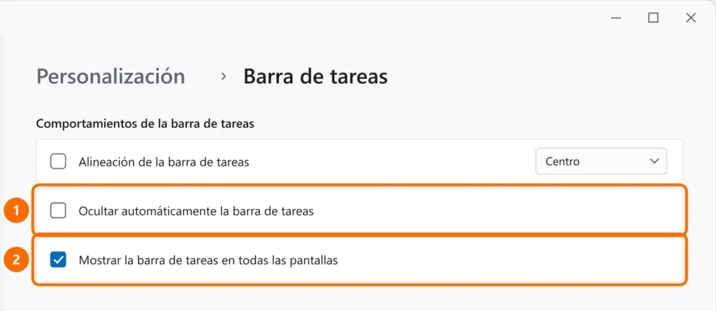 Comportamientos de la barra de tareas con Ocultar automáticamente desmarcada y Mostrar la barra de tareas en todas las pantallas marcada