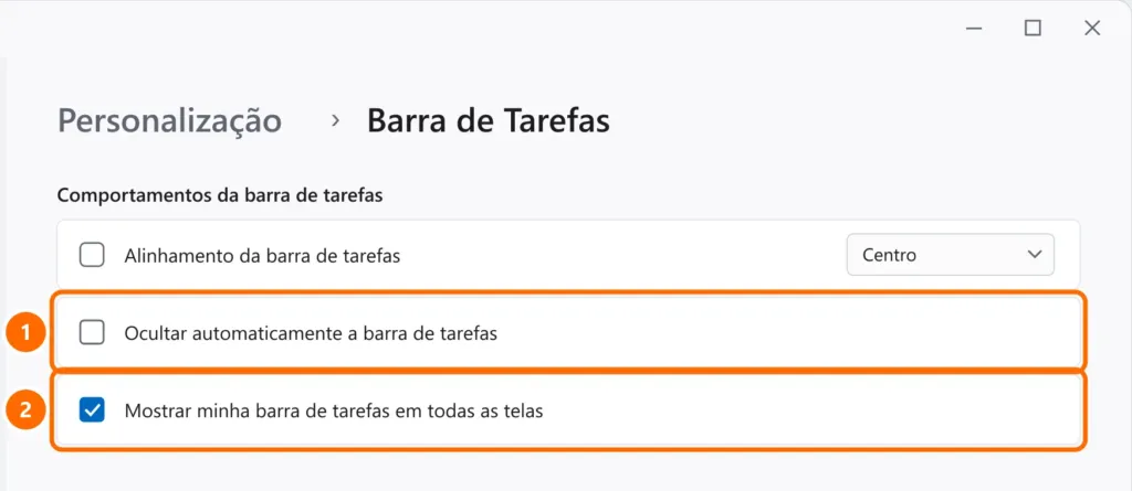 Comportamentos da barra de tarefas com Ocultar automaticamente desmarcado e Mostrar minha barra de tarefas em todas as telas marcado