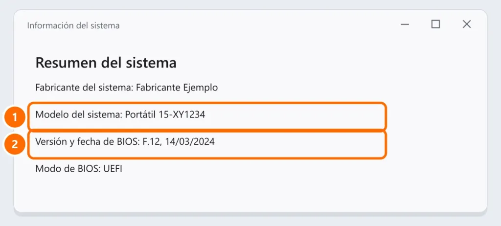 Información del sistema (msinfo32) con el modelo del sistema y la versión y fecha de BIOS destacados
