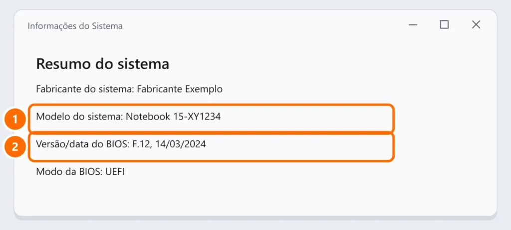 Informações do Sistema (msinfo32) com o modelo do sistema e a versão e data do BIOS destacados