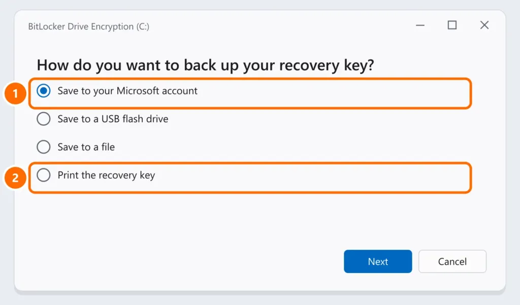 BitLocker window asking how to back up the recovery key, with Save to your Microsoft account and Print highlighted