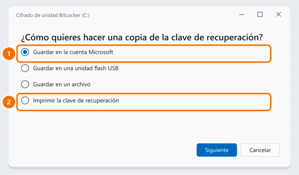 Ventana de BitLocker que pregunta cómo hacer la copia de la clave de recuperación, con Guardar en la cuenta Microsoft e Imprimir destacados