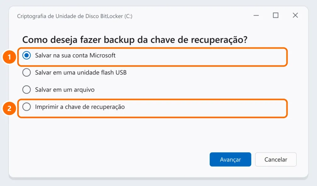 Janela do BitLocker perguntando como fazer backup da chave de recuperação, com Salvar na conta Microsoft e Imprimir destacados