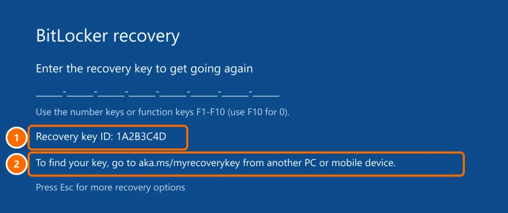 BitLocker recovery screen asking for the 48-digit key, with the key ID and the aka.ms/myrecoverykey address highlighted
