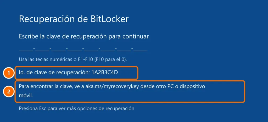 Pantalla de Recuperación de BitLocker que pide la clave de 48 dígitos, con el Id. de la clave y la dirección aka.ms/myrecoverykey destacados