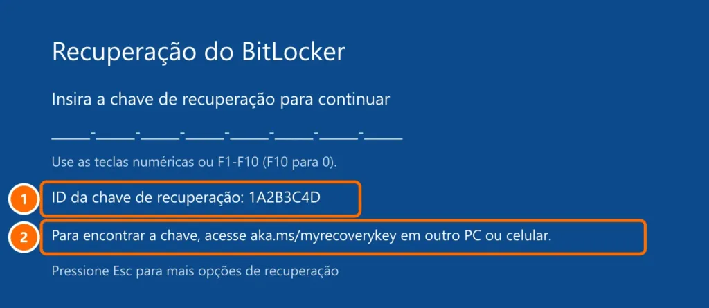 Tela de Recuperação do BitLocker pedindo a chave de 48 dígitos, com o ID da chave e o endereço aka.ms/myrecoverykey destacados