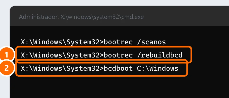 Símbolo del sistema del entorno de recuperación con los comandos bootrec y bcdboot destacados