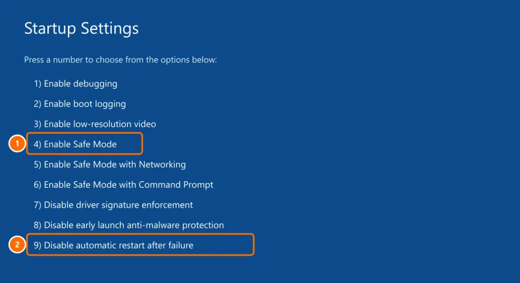 Startup Settings screen with options 4 (Safe Mode) and 9 (disable automatic restart) highlighted