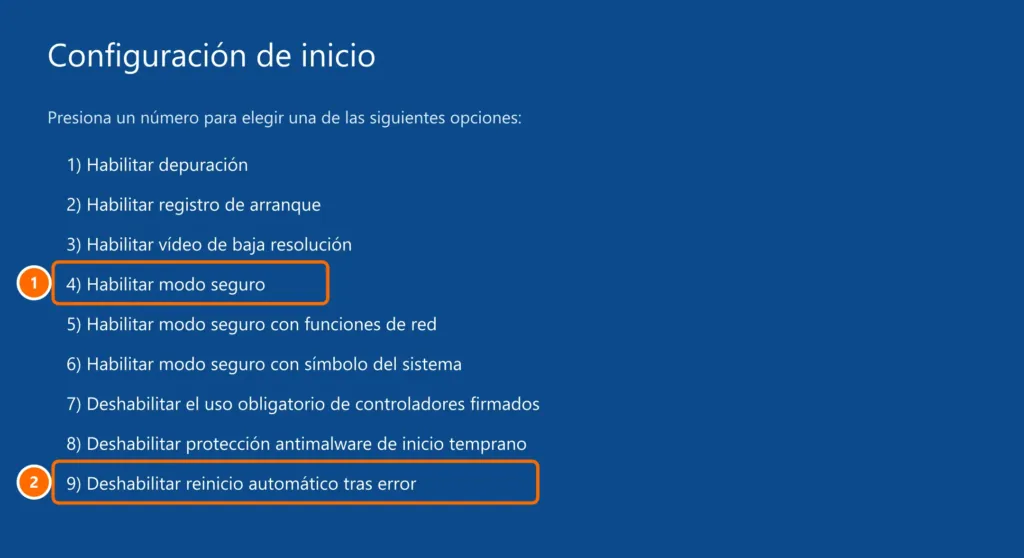 Pantalla Configuración de inicio con las opciones 4 (modo seguro) y 9 (deshabilitar reinicio automático) destacadas