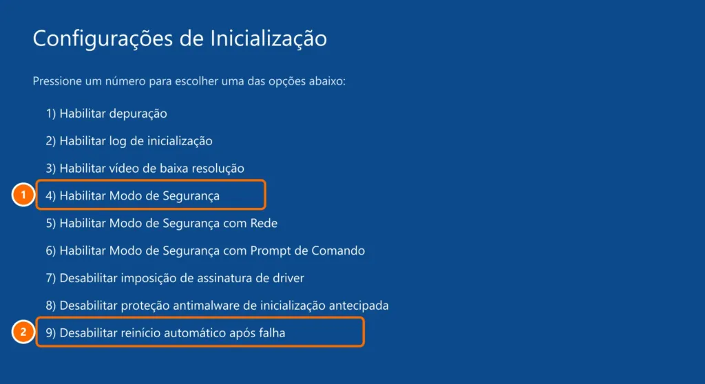 Tela Configurações de Inicialização com as opções 4 (Modo de Segurança) e 9 (desabilitar reinício automático) destacadas