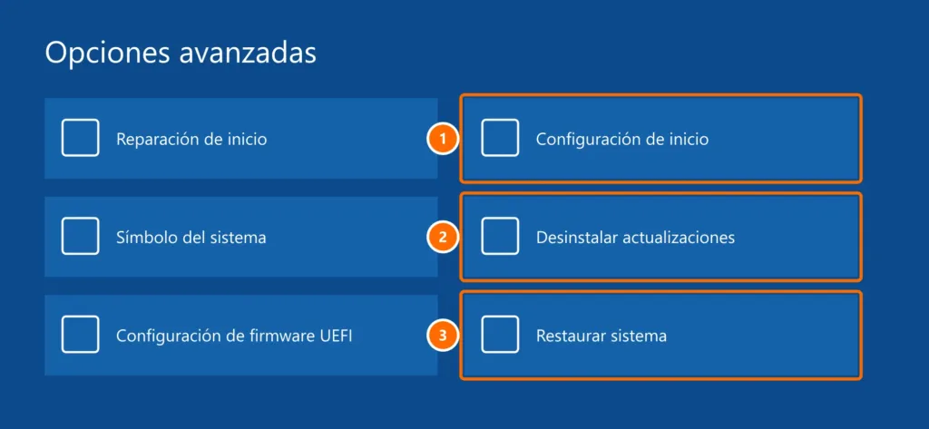 Entorno de recuperación de Windows en Opciones avanzadas con Configuración de inicio, Desinstalar actualizaciones y Restaurar sistema destacados