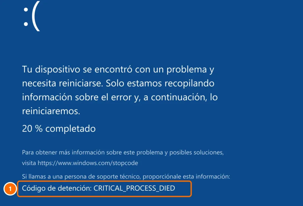 Pantalla azul de Windows que indica que el dispositivo se encontró con un problema, con el código de detención CRITICAL_PROCESS_DIED destacado