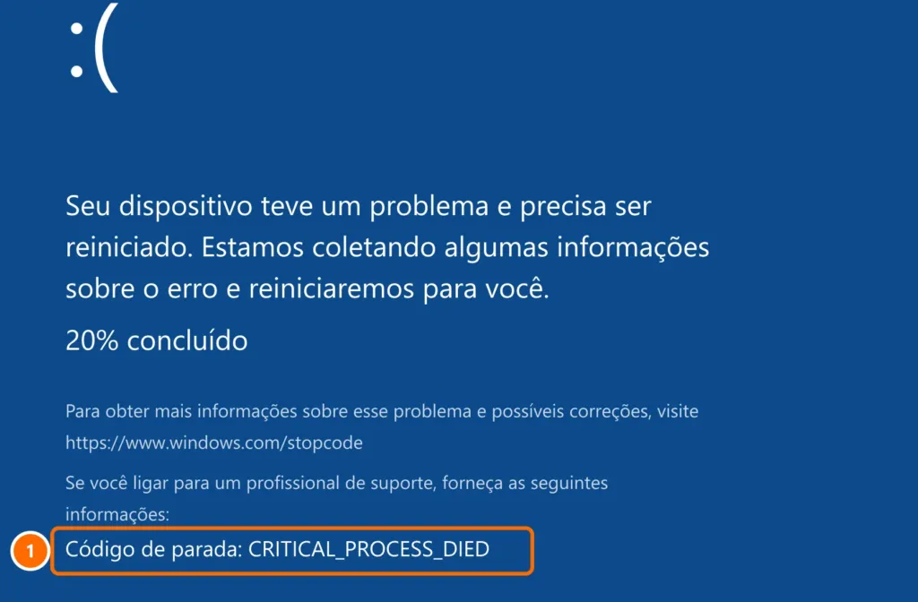 Tela azul do Windows com a mensagem de que o dispositivo teve um problema e o código de parada CRITICAL_PROCESS_DIED destacado