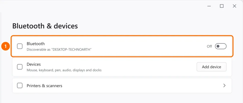 Bluetooth & devices settings with the Bluetooth toggle off and highlighted