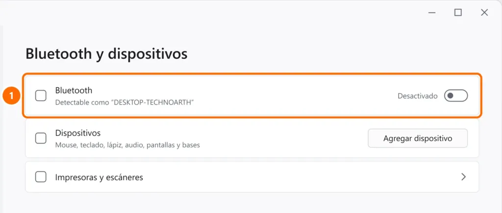 Configuración Bluetooth y dispositivos con el interruptor de Bluetooth desactivado y destacado