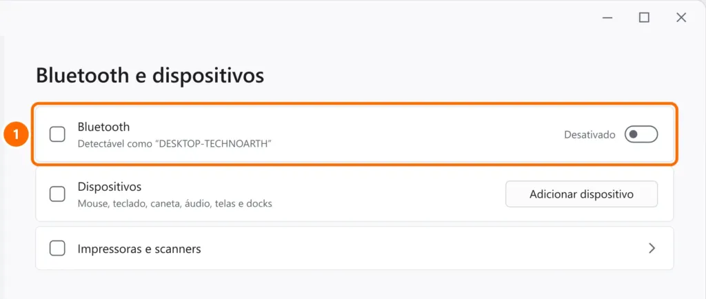 Configurações Bluetooth e dispositivos com a chave do Bluetooth desativada e destacada