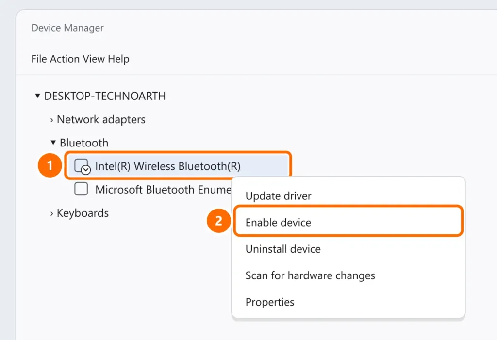 Device Manager with the disabled Bluetooth adapter selected and Enable device highlighted