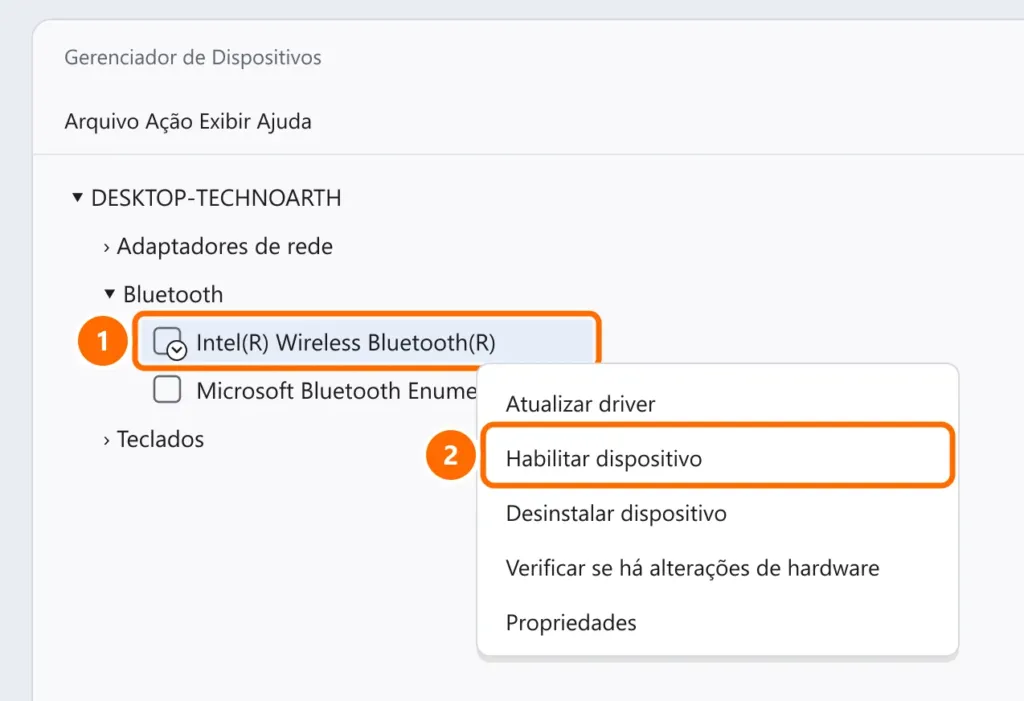 Gerenciador de Dispositivos com o adaptador Bluetooth desabilitado selecionado e a opção Habilitar dispositivo destacada