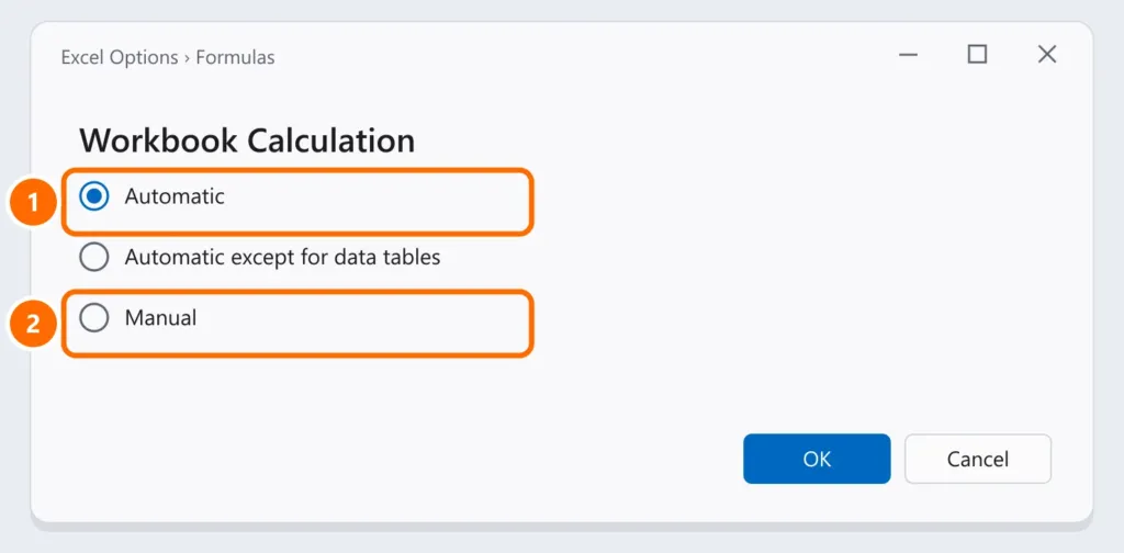 Excel Options Formulas section with Workbook Calculation set to Automatic highlighted and the Manual option highlighted