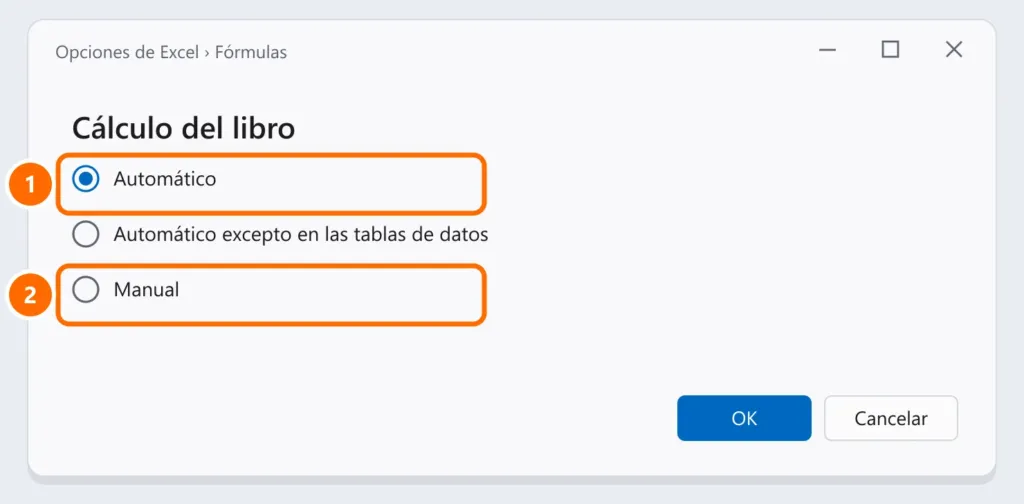 Opciones de Excel en la sección Fórmulas con Cálculo del libro en Automático destacado y la opción Manual destacada