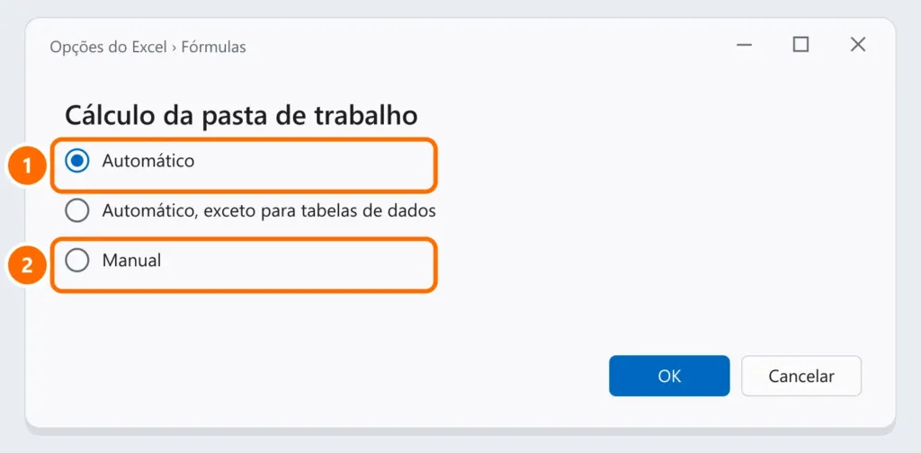 Opções do Excel na seção Fórmulas com Cálculo da pasta de trabalho em Automático destacado e a opção Manual destacada