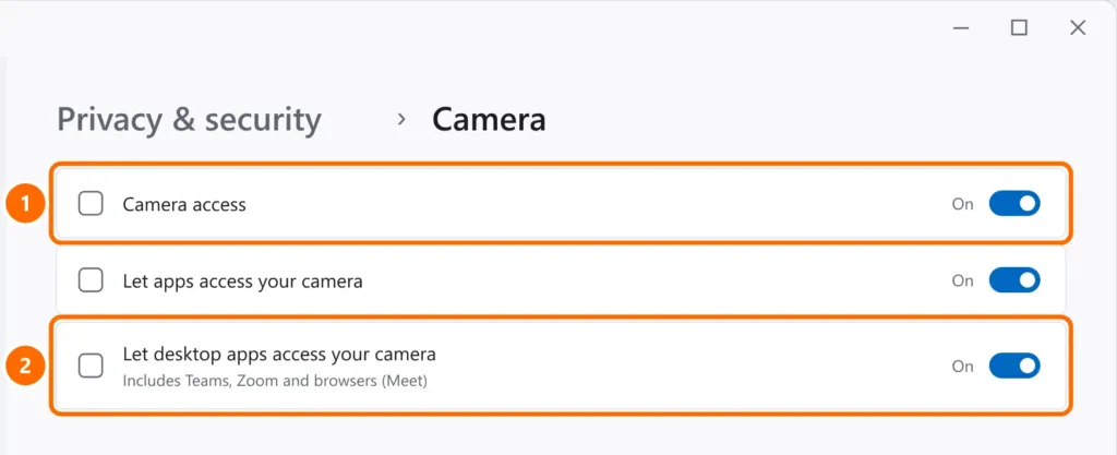 Camera privacy settings with general access and desktop app access turned on and highlighted