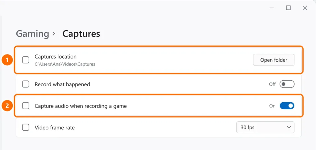 Gaming › Captures settings with Captures location in Videos\Captures and audio capture highlighted