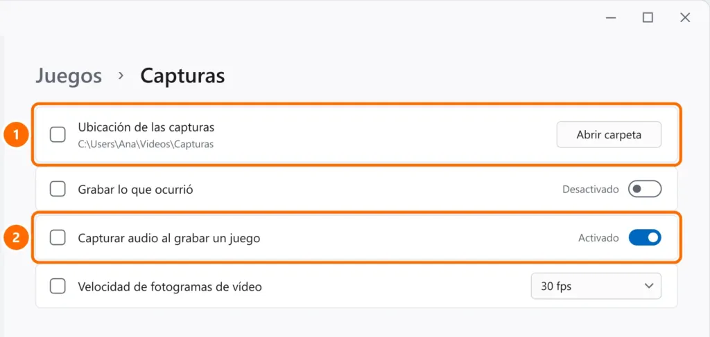 Configuración de Juegos › Capturas con la Ubicación de las capturas en Videos\Capturas y la captura de audio destacados