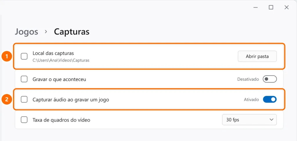 Configurações de Jogos › Capturas com o Local das capturas na pasta Vídeos\Capturas e a captura de áudio destacados