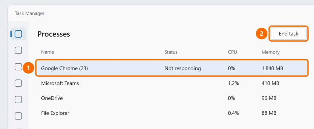 Task Manager with Google Chrome selected as Not responding and the End task button highlighted