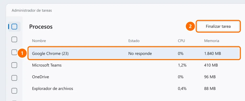 Administrador de tareas con Google Chrome seleccionado como No responde y el botón Finalizar tarea destacados