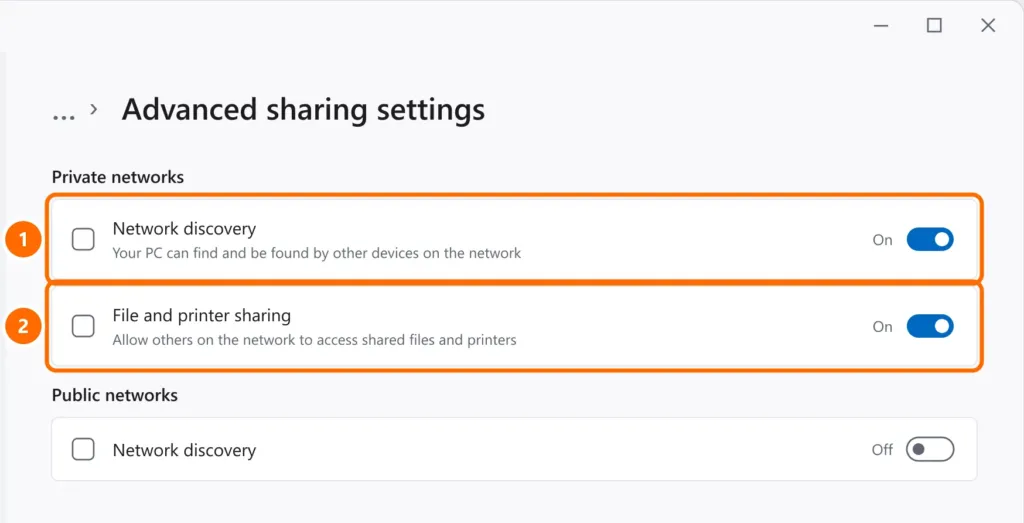 Advanced sharing settings with Network discovery and File and printer sharing turned on under Private networks