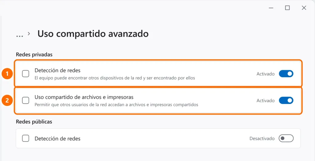Configuración de uso compartido avanzado con Detección de redes y Uso compartido de archivos e impresoras activados en Redes privadas