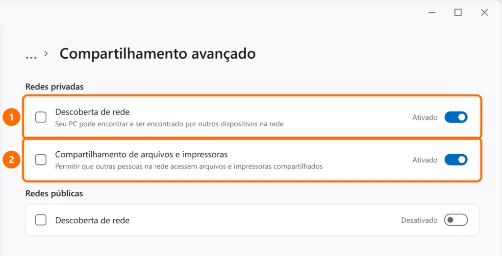Configurações de compartilhamento avançadas com Descoberta de rede e Compartilhamento de arquivos e impressoras ativados em Redes privadas