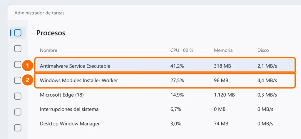 Administrador de tareas ordenado por la columna CPU al 100 %, con Antimalware Service Executable y Windows Modules Installer Worker arriba destacados