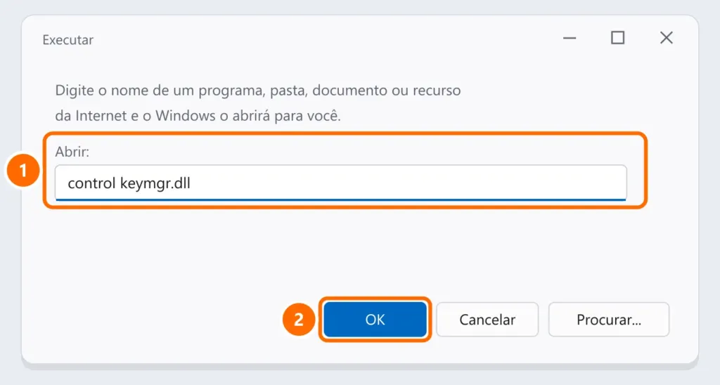 Caixa Executar com o comando do Gerenciador de Credenciais destacado