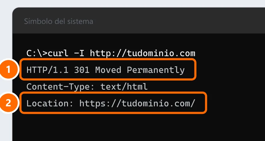 Símbolo del sistema con el resultado de curl -I que muestra 301 Moved Permanently y Location apuntando a https