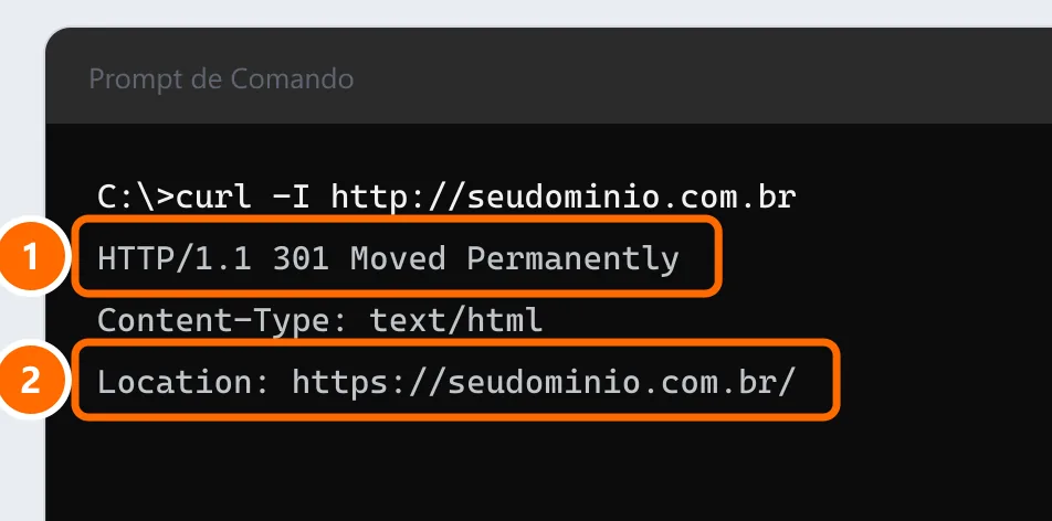 Prompt de Comando com o resultado do curl -I mostrando o código 301 Moved Permanently e o Location apontando para https